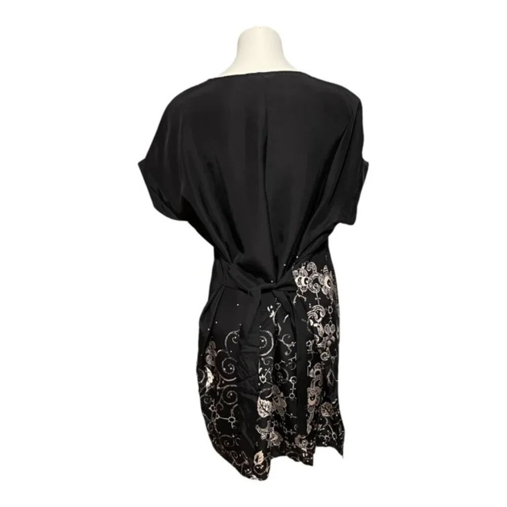 Garnet Hill Oversized Size 4 Black Floral Capped Sleeve Back Tie Silk Dress - Picture 4 of 7